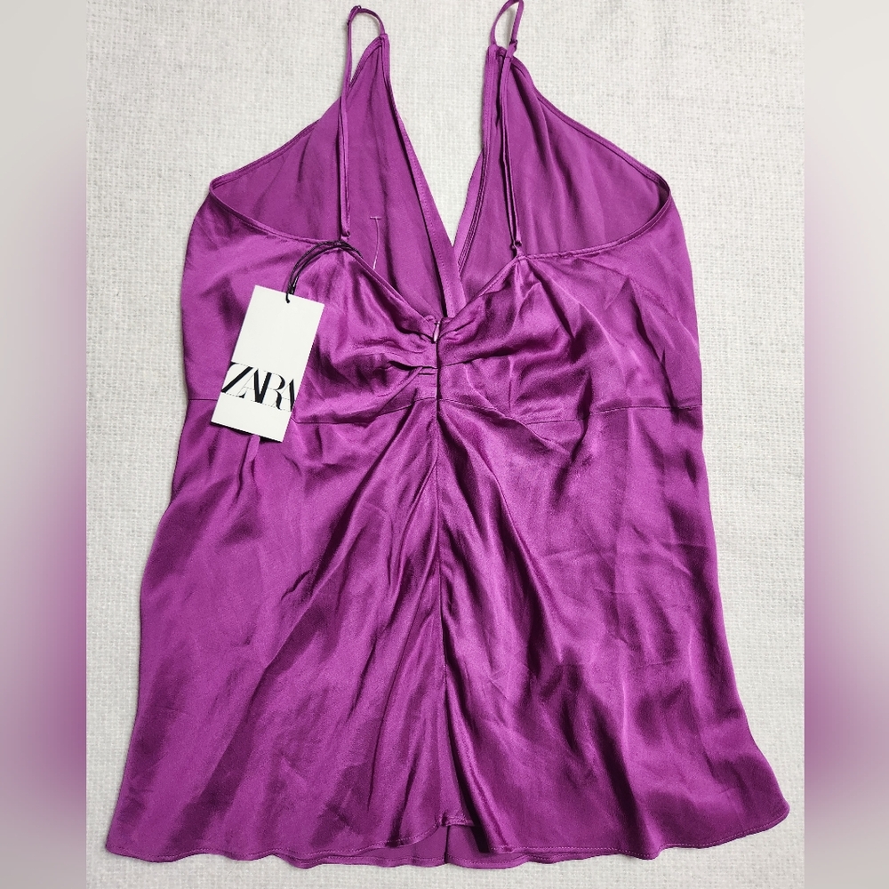 Zara Vibrant Purple Camisole Top With Satin Knot Twist Front Size Lg - Picture 5 of 10